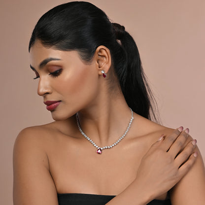 Noori 925 Designer Silver Necklace Set - Red